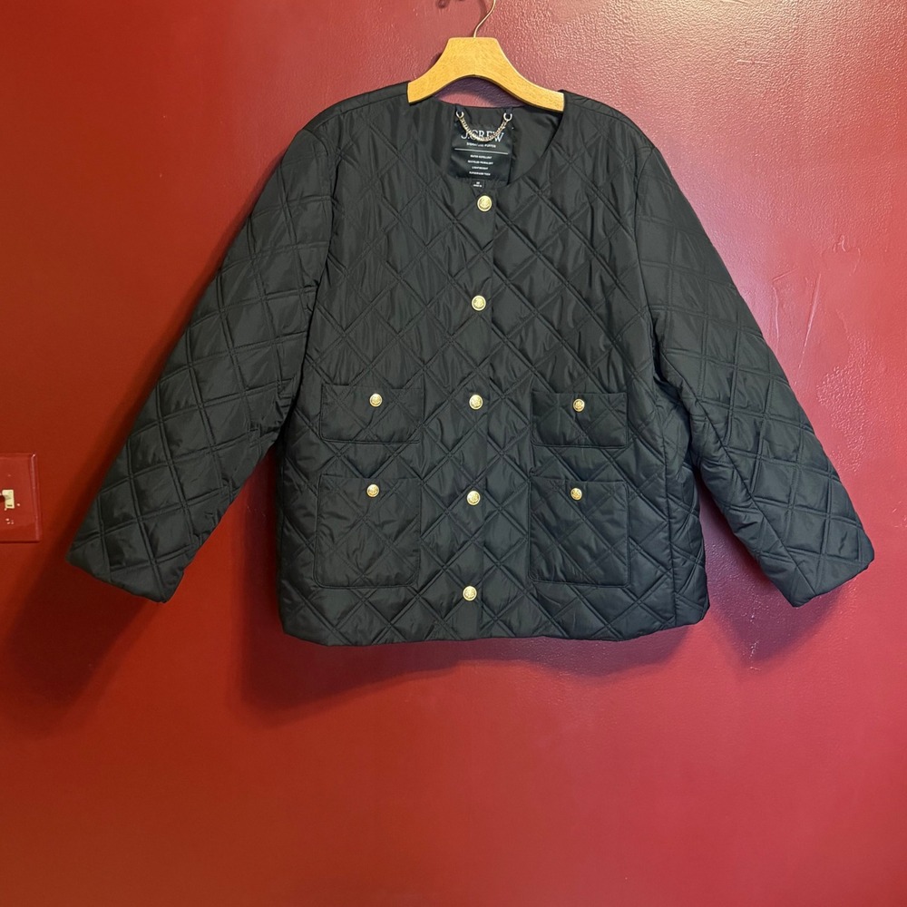 J.Crew Quilted‎ Lady Puffer Jacket Black Quilted Gold Button PrimaLoft Size 20